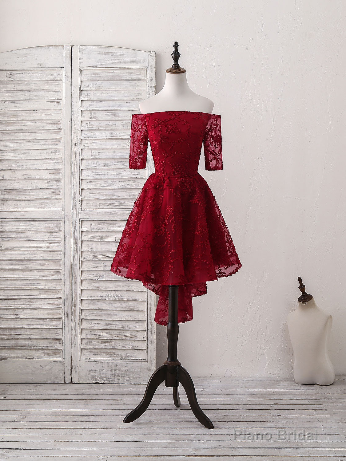 Burgundy Lace Short Prom Dress, Burgundy Homecoming Dress Secondary image