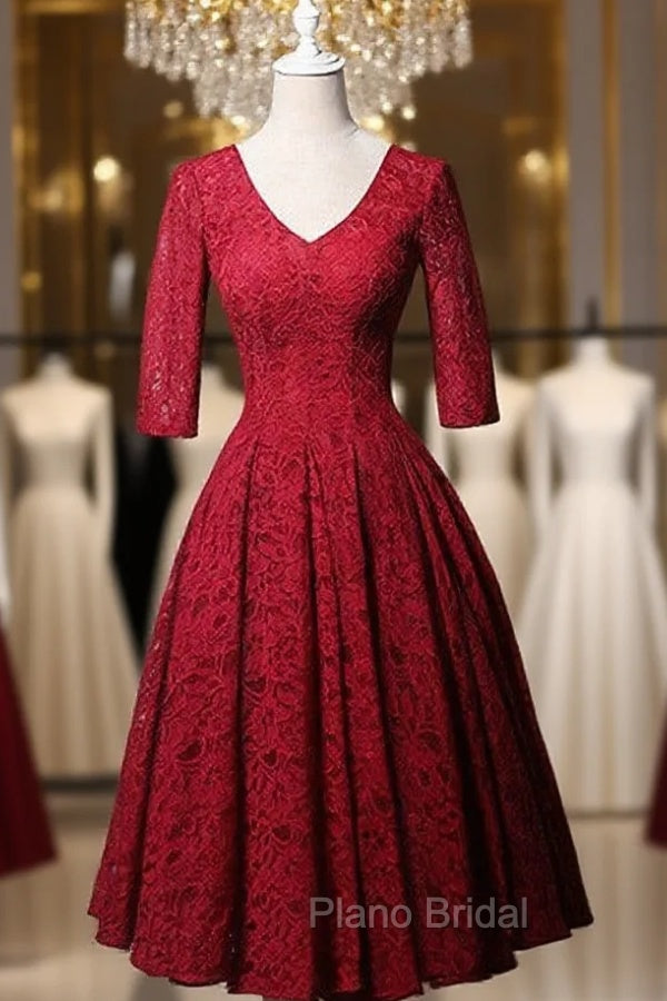 Burgundy Lace Short Sleeve V-neck Short Formal Prom Dresses Main image
