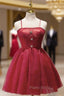 Burgundy Lace Spaghetti Straps Homecoming Dresses