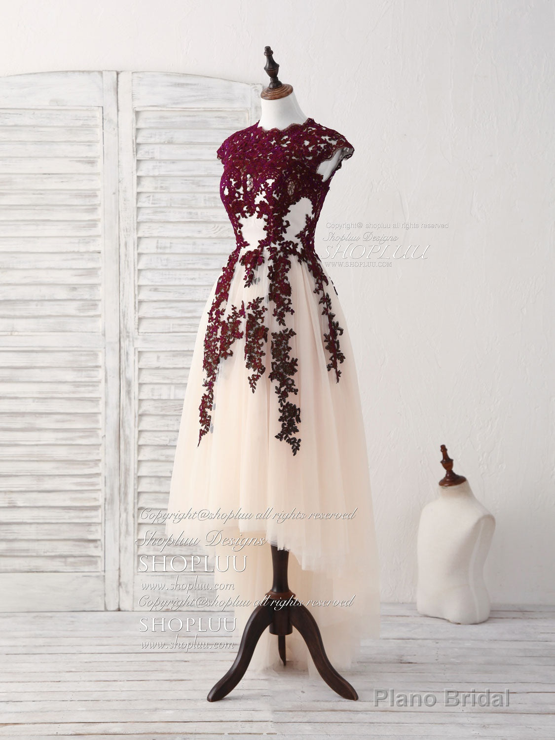 Burgundy Lace Tulle High Low Prom Dress Burgundy Bridesmaid Dress Main image