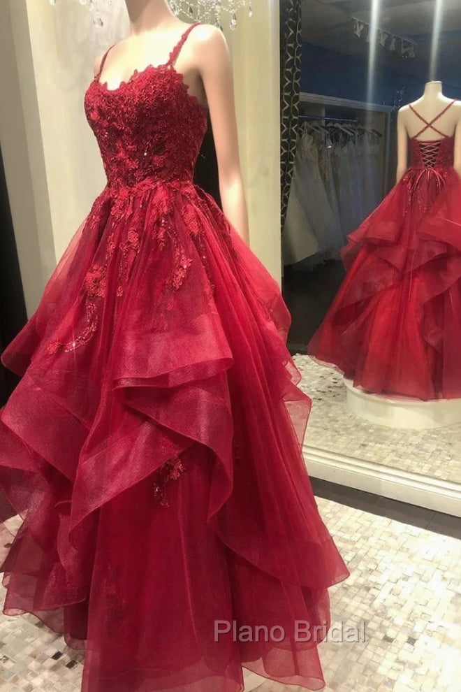 Burgundy Lace Tulle Layers Long Formal Prom Dresses, A-Line Evening Party Dresses Main image