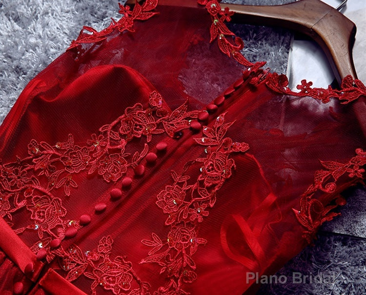 Burgundy Lace Tulle Short Prom Dress, Lace Homecoming Dresses