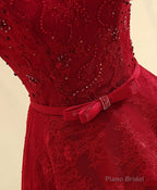Burgundy Line  Lace Long Prom Dress, Burgundy Evening Dress