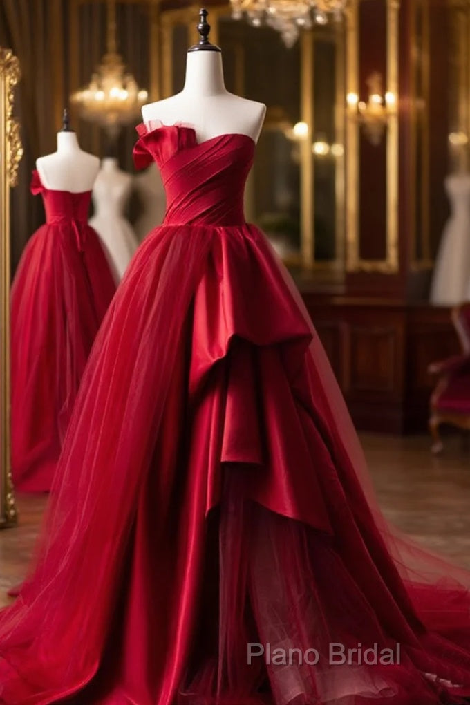 Burgundy Long Formal Prom Dresses, Burgundy Satin Formal Long Formal Dresses