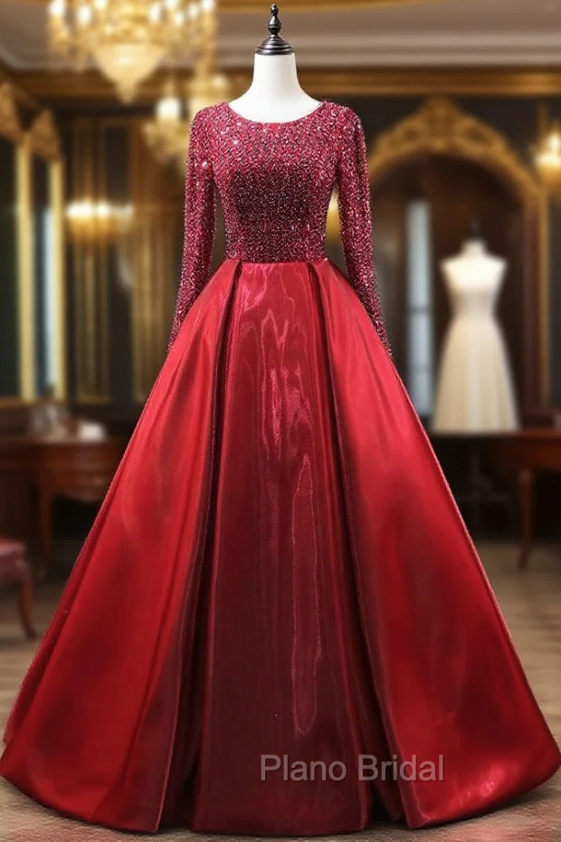 Burgundy Long Sleeve Beading Formal Prom Dresses Main image