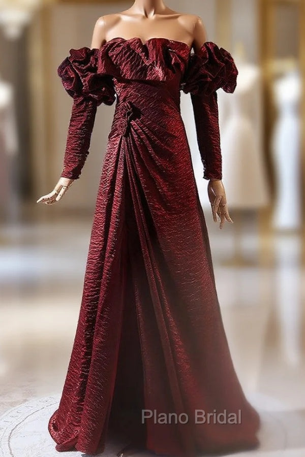 Burgundy Long Sleeve Pleats Formal Prom Dresses Main image