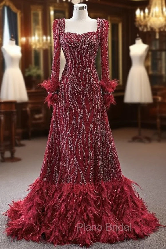 Burgundy Long Sleeve Square Beading Formal Prom Dresses Main image