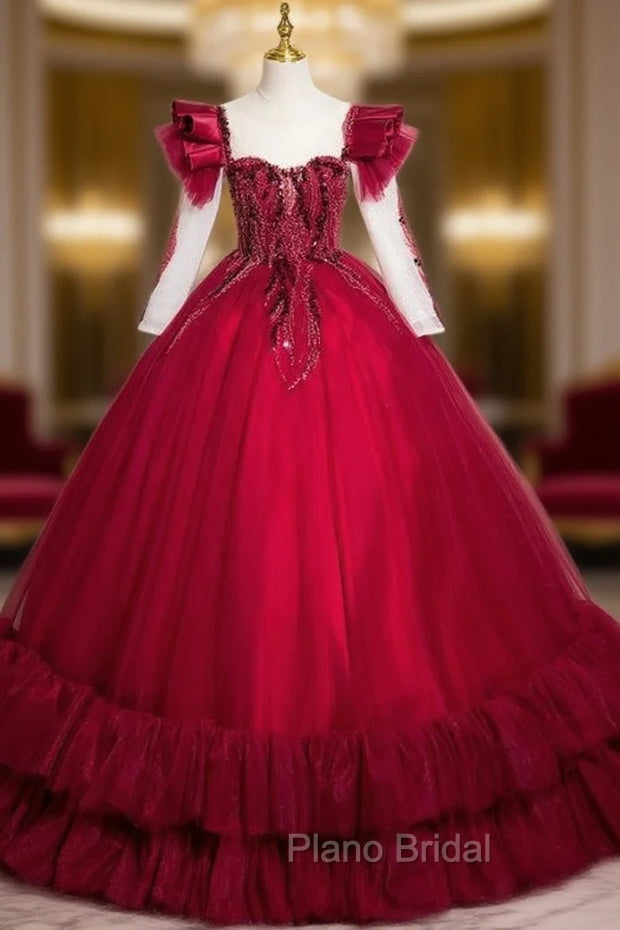 Burgundy Long Sleeve Tulle Sequins Quinceanera Dresses Main image