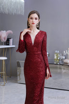 Long Sleeve V Neck Floor Length Crystal Beaded Sequins Mermaid Prom Dresses