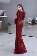 Long Sleeve V Neck Floor Length Crystal Beaded Sequins Mermaid Prom Dresses
