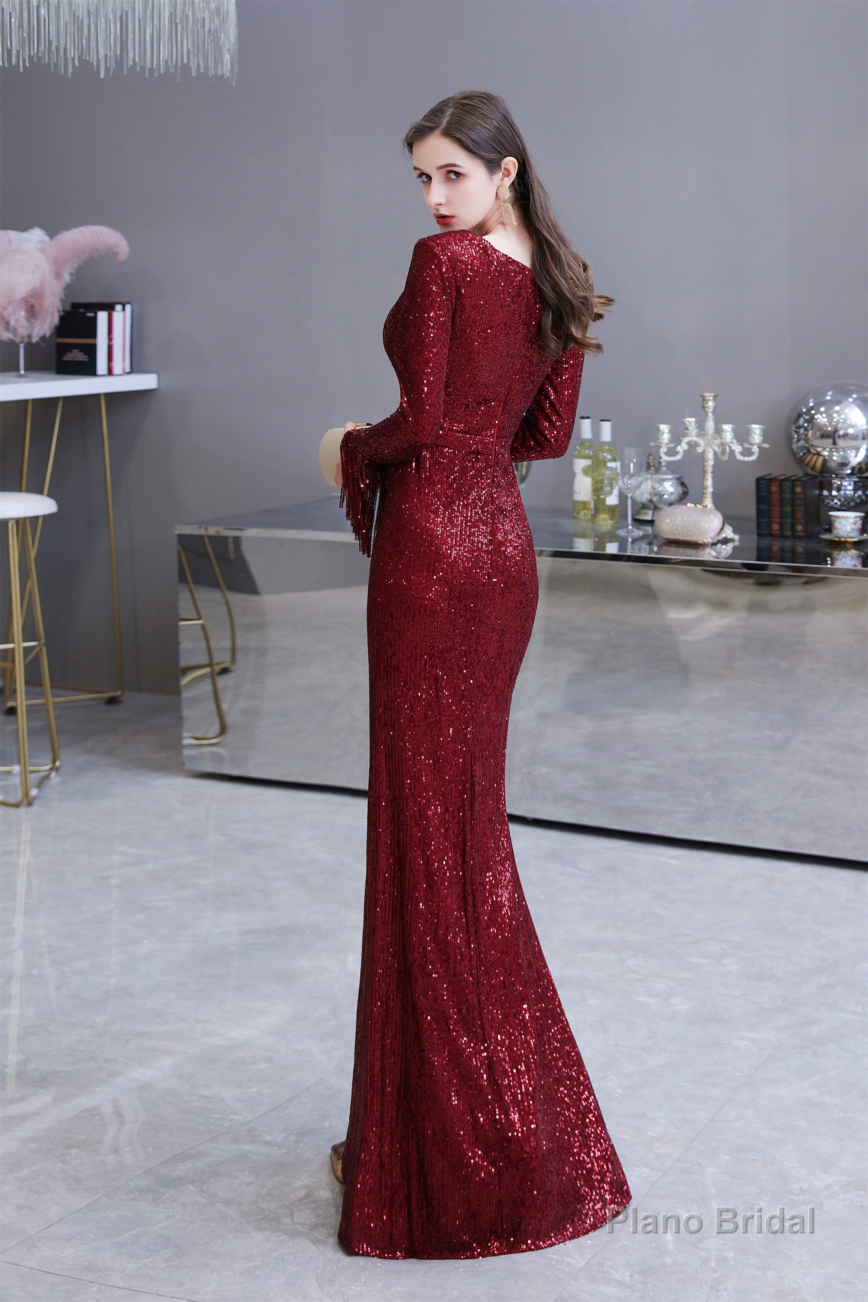Long Sleeve V Neck Floor Length Crystal Beaded Sequins Mermaid Prom Dresses