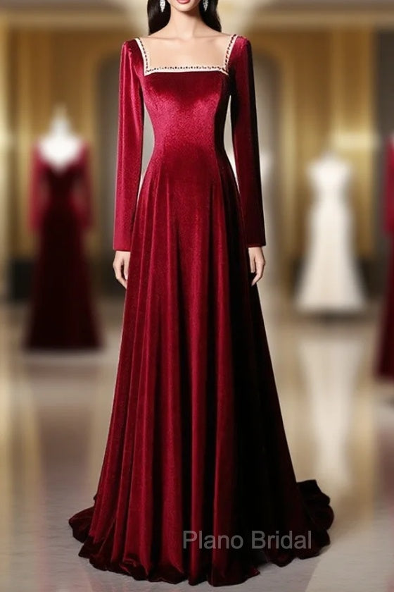 Burgundy Long Sleeve Velvet Beading Formal Prom Dresses Main image