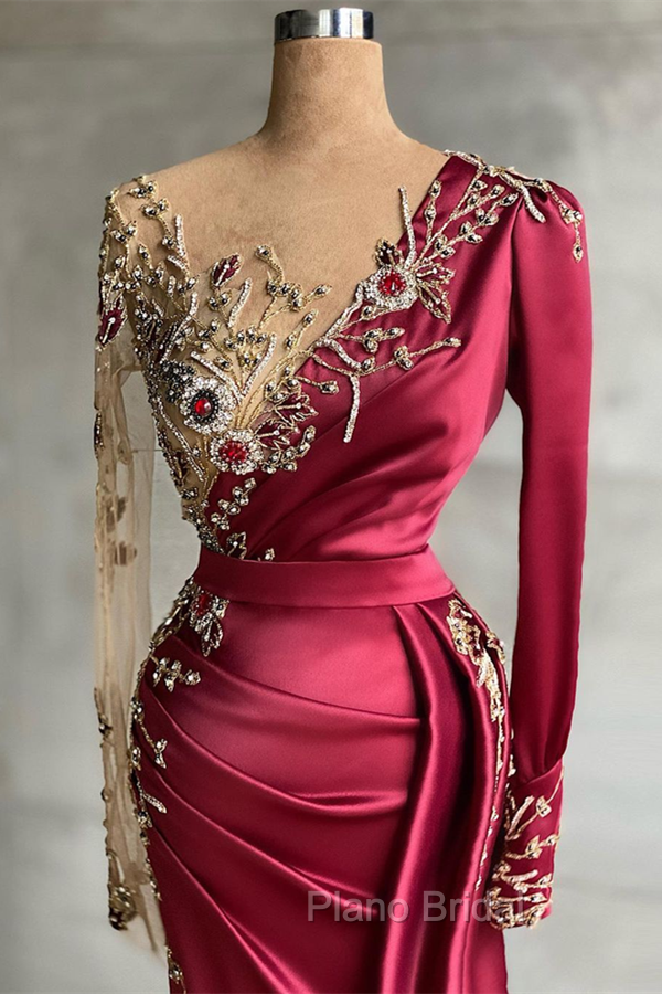 Burgundy Long Sleeves Mermaid Formal Prom Dresses With Beadings Secondary image