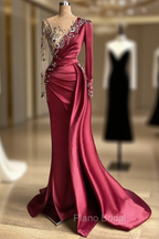 Burgundy Long Sleeves Mermaid Formal Prom Dresses With Beadings