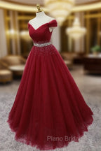 Burgundy Long Tulle Off Shoulder Formal Prom Dresses , Junior Formal Prom Dresses