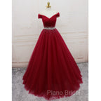 Burgundy Long Tulle Off Shoulder Formal Prom Dresses , Junior Formal Prom Dresses