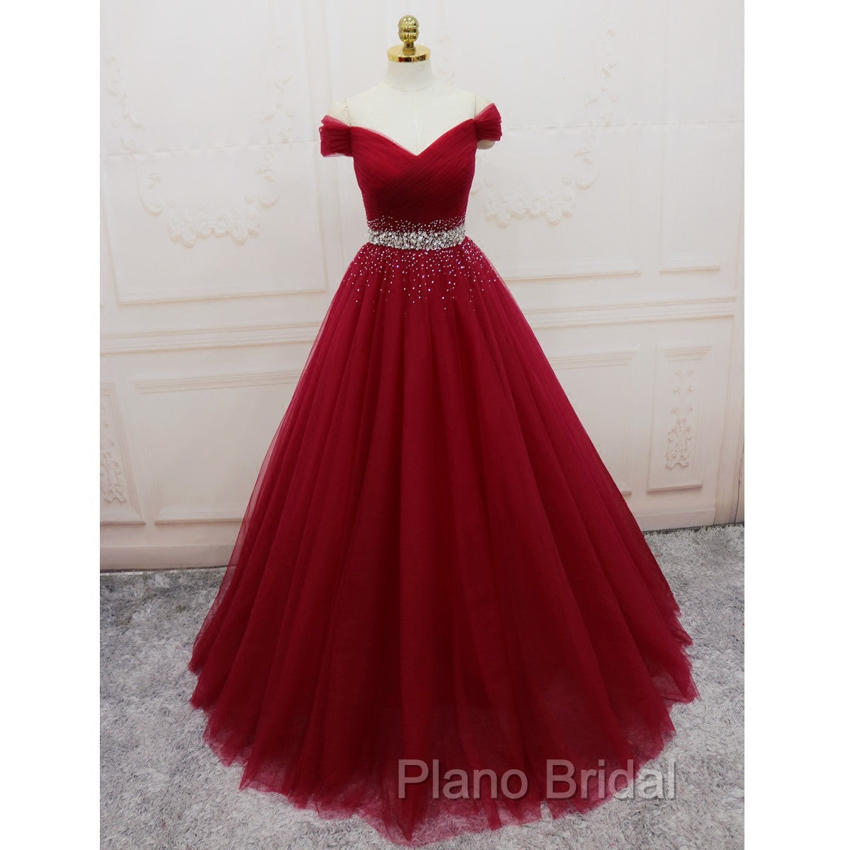 Burgundy Long Tulle Off Shoulder Formal Prom Dresses , Junior Formal Prom Dresses