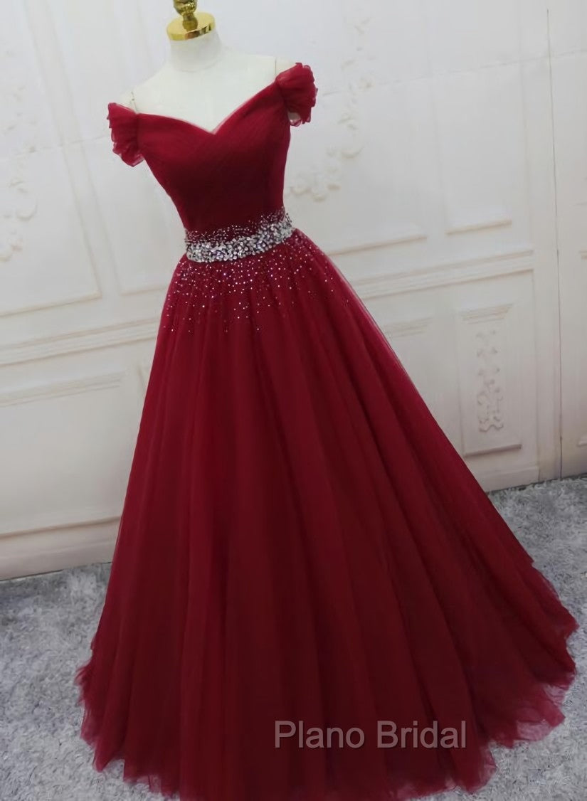 Burgundy Long Tulle Off Shoulder Formal Prom Dresses , Junior Formal Prom Dresses Secondary image