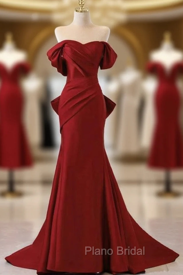 Burgundy Memraid Off the Shoulder Bow Formal Prom Dresses Main image