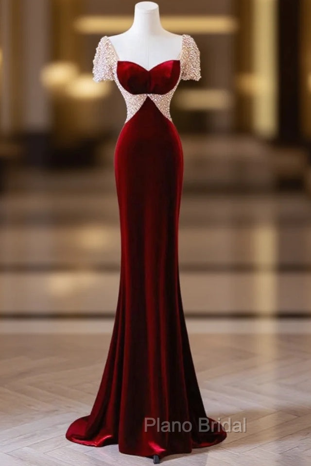 Burgundy Memraid Velvet Short Sleeve Beading Formal Prom Dresses