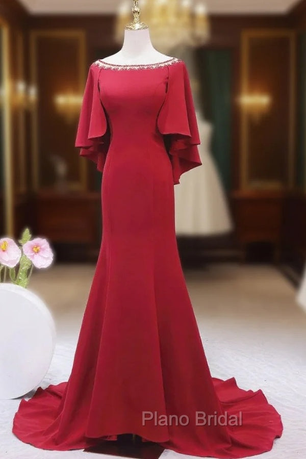 Burgundy Mermaid Bateau Beading Formal Prom Dresses