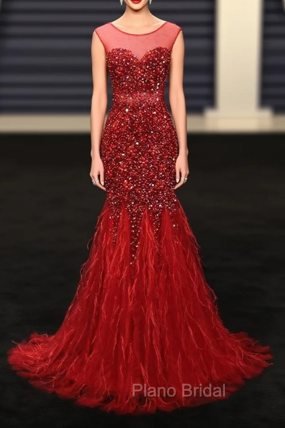 Burgundy Mermaid Beading Sequins Feather Formal Prom Dresses Main image