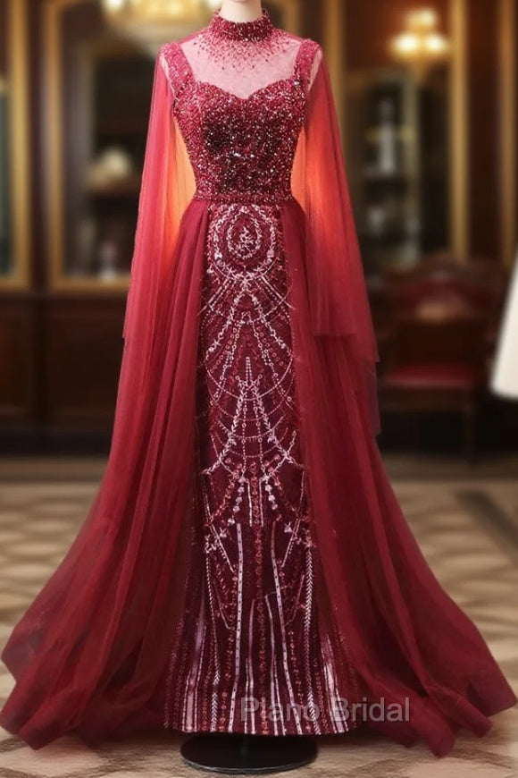 Burgundy Mermaid High Neck Beading Formal Prom Dresses Main image