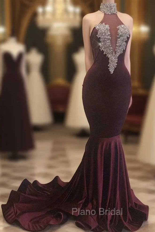 Burgundy Mermaid High Neck Velvet Formal Prom Dresses