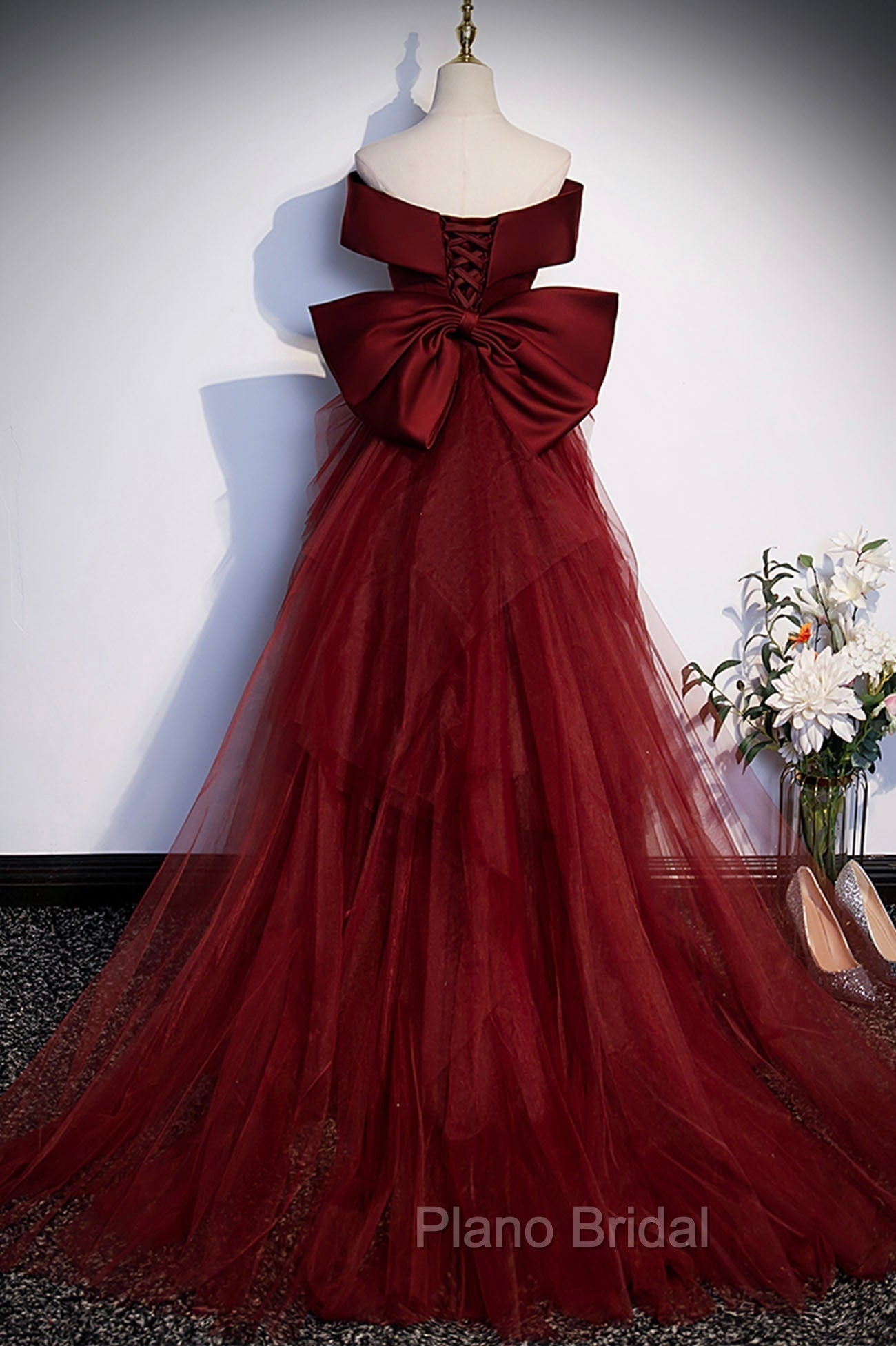 Burgundy Mermaid Long Formal Prom Dresses, Off the Shoulder V-Neck Formal Evening Dresses Secondary image