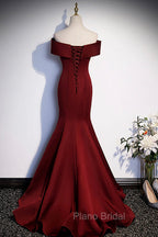 Burgundy Mermaid Long Formal Prom Dresses, Off the Shoulder V-Neck Formal Evening Dresses
