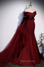 Burgundy Mermaid Long Formal Prom Dresses, Off the Shoulder V-Neck Formal Evening Dresses