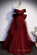 Burgundy Mermaid Long Formal Prom Dresses, Off the Shoulder V-Neck Formal Evening Dresses