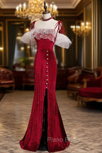 Burgundy Mermaid Long Formal Prom Dresses, Velvet Long Formal Dresses