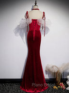 Burgundy Mermaid Long Formal Prom Dresses, Velvet Long Formal Dresses