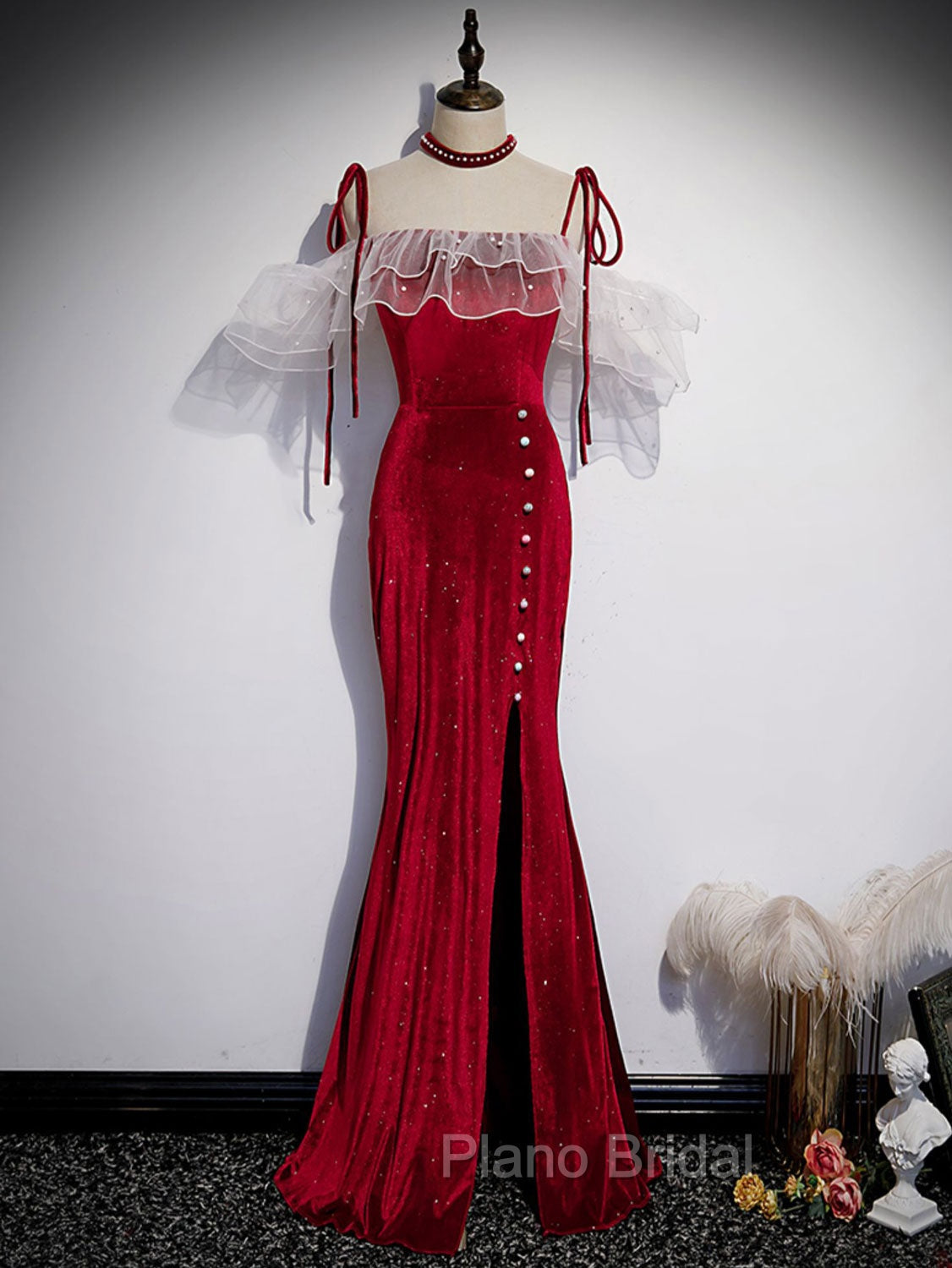 Burgundy Mermaid Long Formal Prom Dresses, Velvet Long Formal Dresses