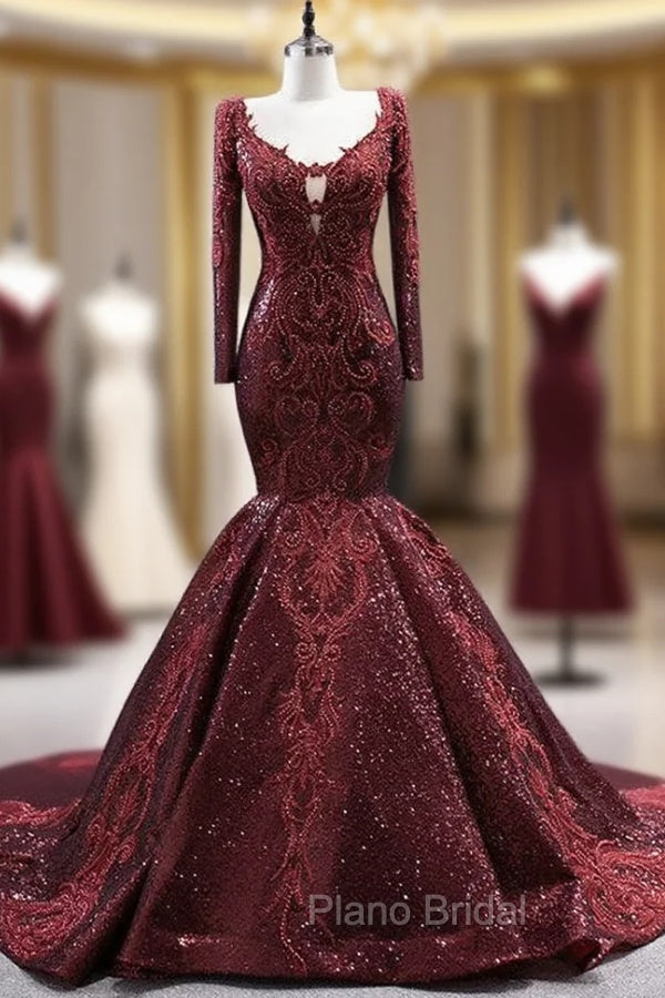 Burgundy Mermaid Long Sleeve V-neck Appliques Formal Prom Dresses