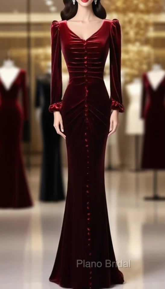 Burgundy Mermaid Long Sleeve Velvet Formal Prom Dresses Main image