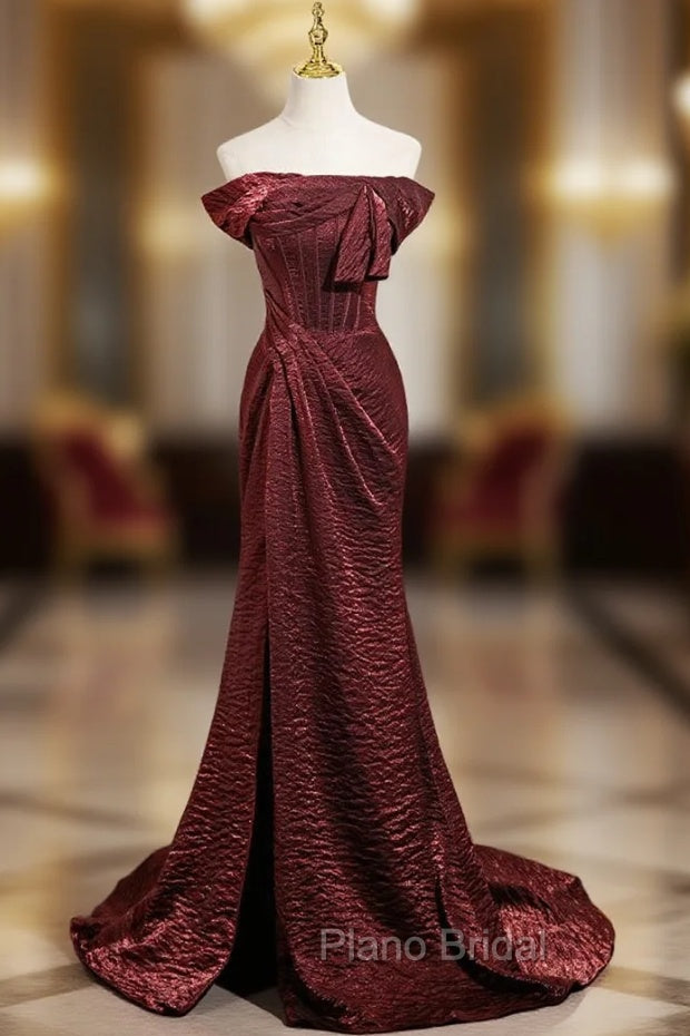 Burgundy Mermaid Off the Shoulder Pleats Formal Prom Dresses Main image