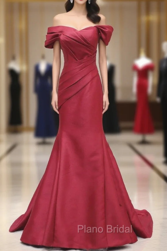 Burgundy Mermaid Satin Off the Shoulder Pleats Formal Prom Dresses Main image