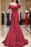 Burgundy Mermaid Satin Off the Shoulder Pleats Formal Prom Dresses