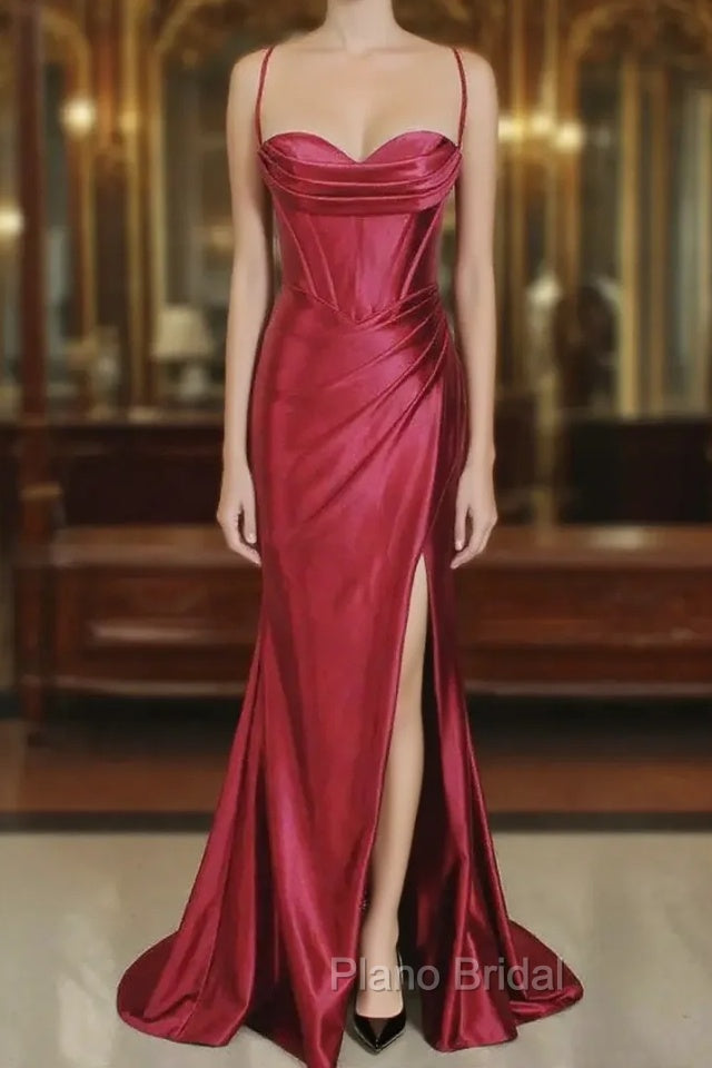 Burgundy Mermaid Satin Pleats Formal Prom Dresses
