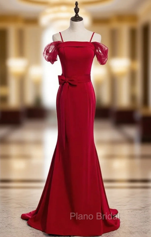 Burgundy Mermaid Satin Spagehtti Straps Formal Prom Dresses With Sash Main image