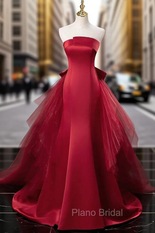 Burgundy Mermaid Satin Tulle Formal Prom Dresses Main image
