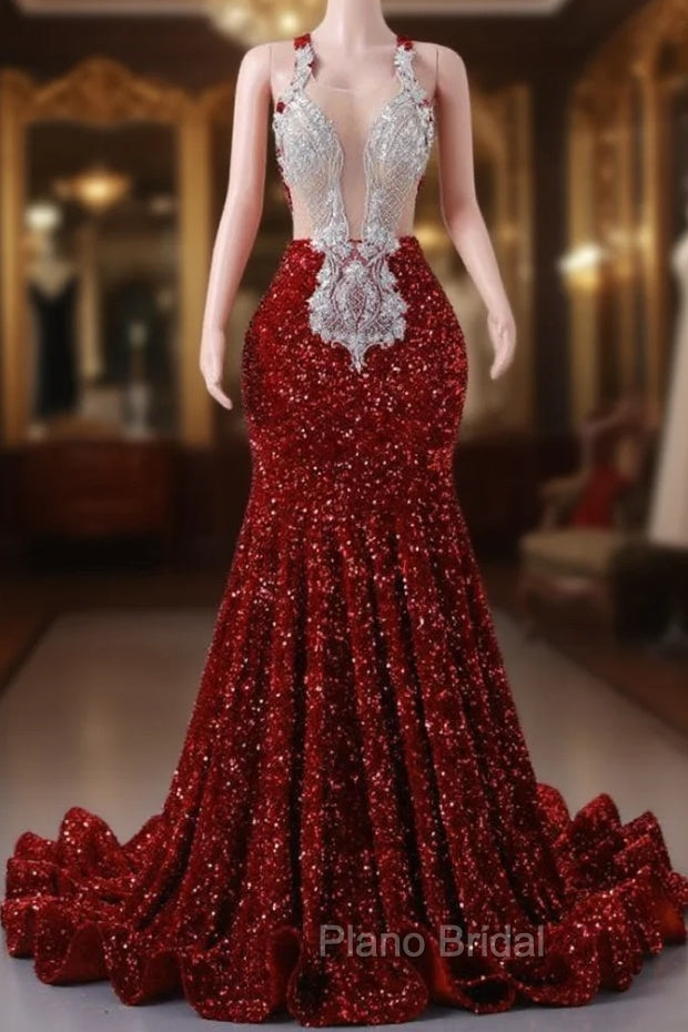 Burgundy Mermaid Sequins Appliques Backless Formal Prom Dresses