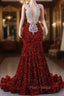 Burgundy Mermaid Sequins Appliques Backless Formal Prom Dresses