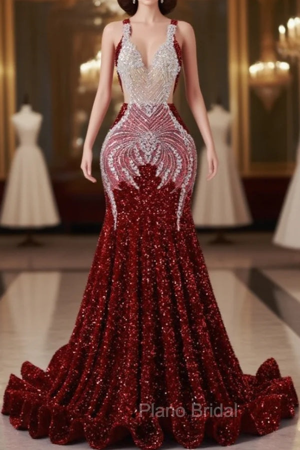 Burgundy Mermaid Sequins Backless Formal Prom Dresses Main image