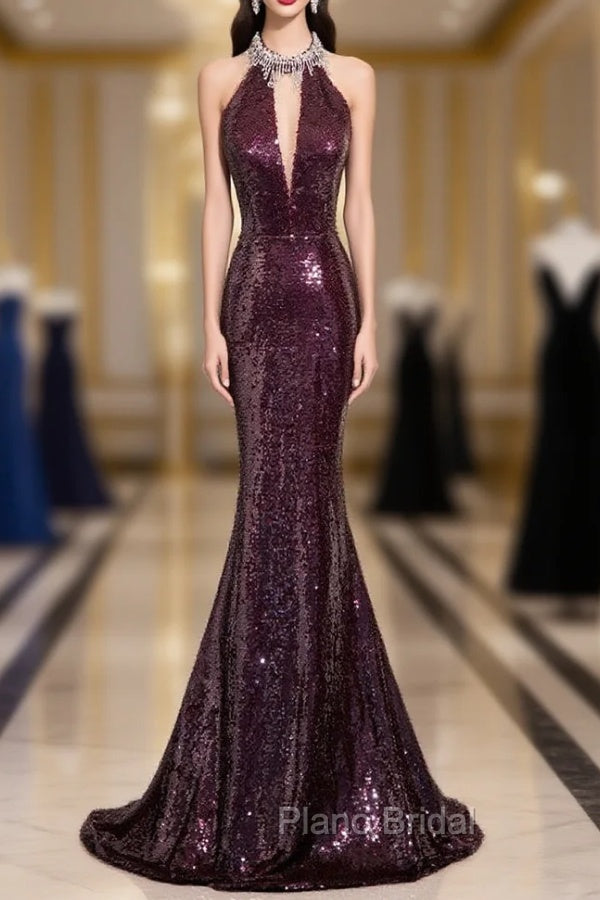 Burgundy Mermaid Sequins Beading Backless Formal Prom Dresses Main image