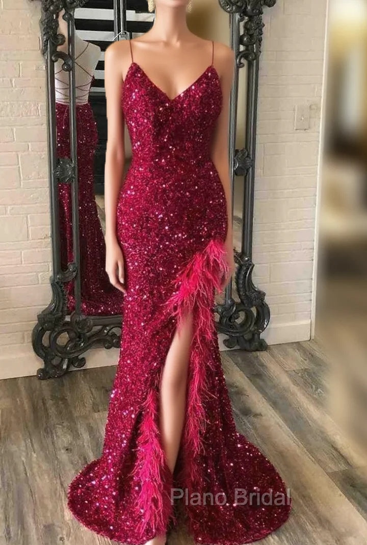 Burgundy Mermaid Sequins Feather Split Formal Prom Dresses