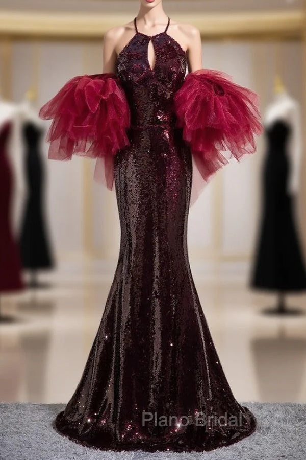Burgundy Mermaid Sequins Halter Cut Out Formal Prom Dresses Main image