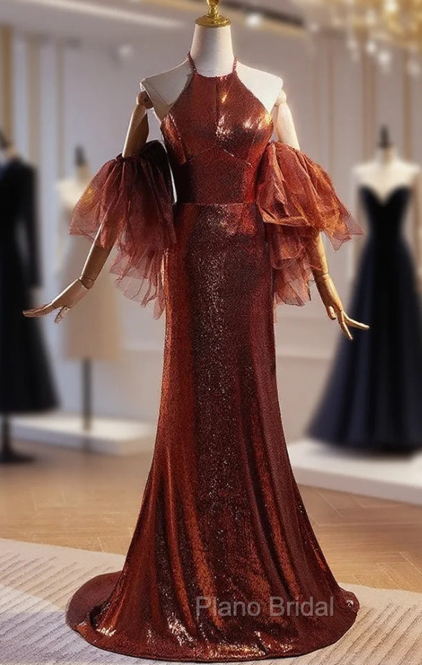 Burgundy Mermaid Sequins Halter Formal Prom Dresses